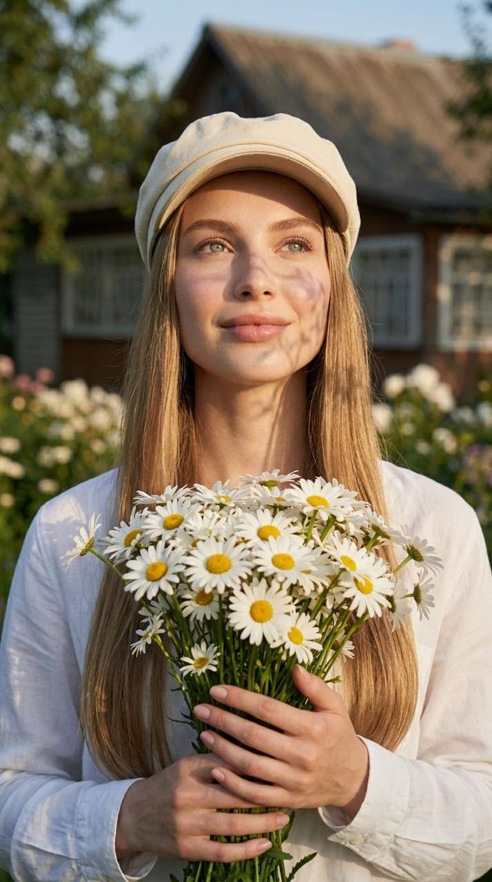 Летняя фотосессия с букетом ромашек